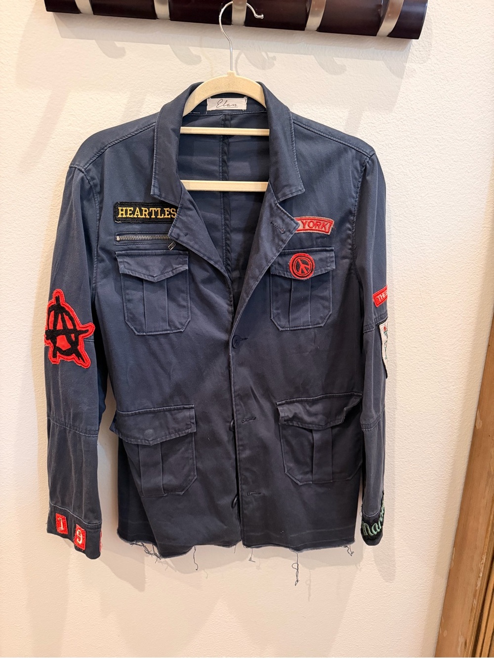 Elan Navy Blue Military Field Jacket with Red Patch Accents